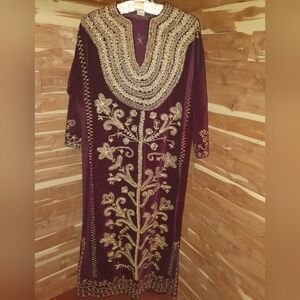 Vintage 90s Syrian Embroidered Gold-Accent Burgundy Velvet Kaftan
